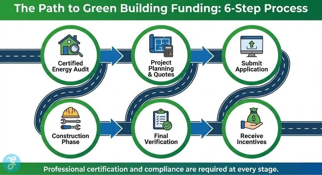 A 16:9 flowchart illustrating the path to green building funding. The steps are: 1. Certified Energy Audit, 2. Project Planning & Quotes, 3. Submit Application, 4. Construction Phase, 5. Final Verification, and 6. Receive Incentives.