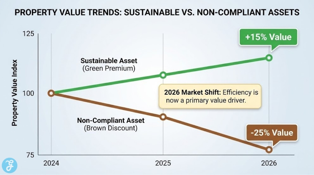 Bar chart illustrating the financial concept of the Green Premium increasing property value versus the Brown Discount decreasing it in 2026.