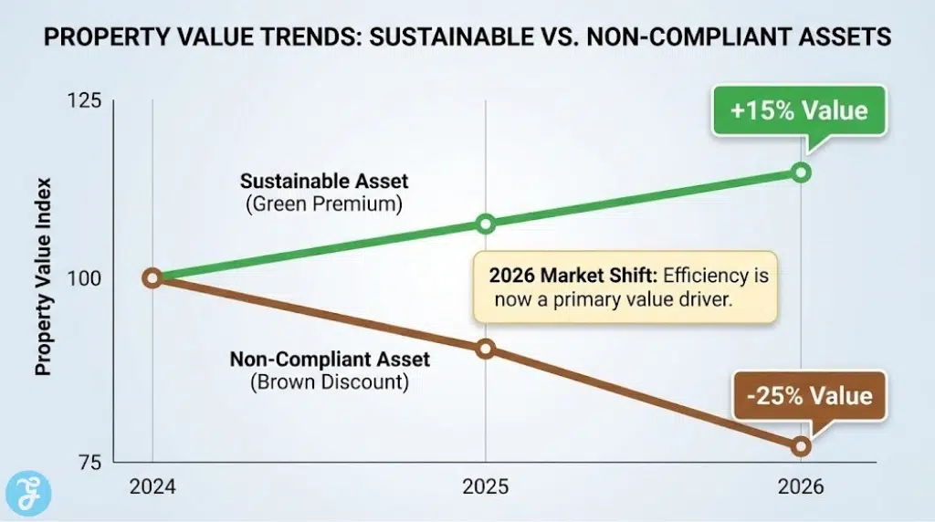 Bar chart illustrating the financial concept of the Green Premium increasing property value versus the Brown Discount decreasing it in 2026.