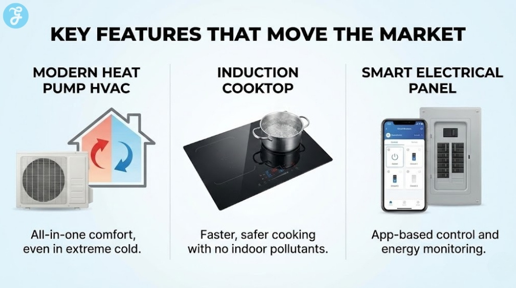 An infographic titled 'Key Features That Move the Market' displaying three distinct technologies: a modern heat pump HVAC unit for all-in-one comfort, a sleek black induction cooktop with boiling water for safer cooking, and a smart electrical panel with a smartphone app interface for energy monitoring and control.