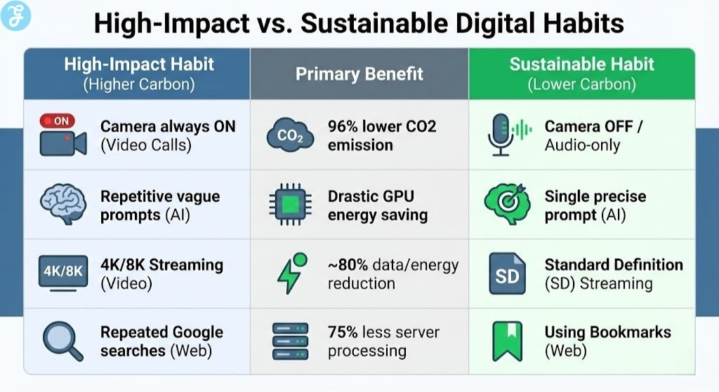 Infographic comparison table contrasting high-impact digital habits like "Camera always ON" and "4K Streaming" with sustainable alternatives like "Audio-only" and "SD Streaming," showing the CO2 and energy savings.
