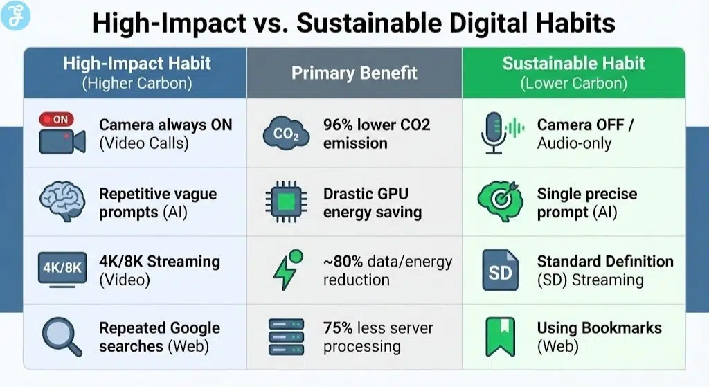 Infographic comparison table contrasting high-impact digital habits like "Camera always ON" and "4K Streaming" with sustainable alternatives like "Audio-only" and "SD Streaming," showing the CO2 and energy savings.