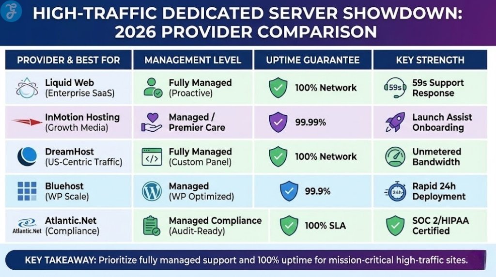 Infographic comparison table titled "High-Traffic Dedicated Server Showdown: 2026 Provider Comparison." It compares Liquid Web, InMotion Hosting, DreamHost, Bluehost, and Atlantic.Net across four categories: Management Level, Uptime Guarantee, and Key Strength, highlighting features like "100% Network" uptime and "Proactive Support" for mission-critical sites.