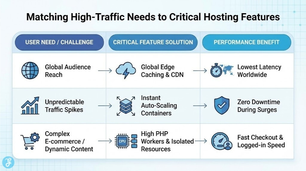 Matrix infographic matching high-traffic user needs like global reach and traffic spikes to critical hosting features like edge caching and auto-scaling for improved performance.