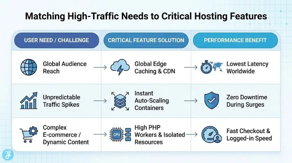 Matrix infographic matching high-traffic user needs like global reach and traffic spikes to critical hosting features like edge caching and auto-scaling for improved performance.