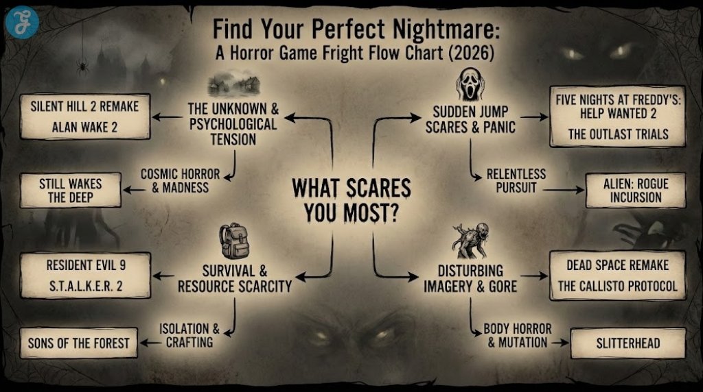 A flow chart titled "Find Your Perfect Nightmare: A Horror Game Fright Flow Chart (2026)". It starts with the central question "WHAT SCARES YOU MOST?" and branches out to four categories: "THE UNKNOWN & PSYCHOLOGICAL TENSION" (leading to Silent Hill 2 Remake, Alan Wake 2, Still Wakes The Deep), "SUDDEN JUMP SCARES & PANIC" (leading to Five Nights at Freddy's: Help Wanted 2, The Outlast Trials, Alien: Rogue Incursion), "SURVIVAL & RESOURCE SCARCITY" (leading to Resident Evil 9, S.T.A.L.K.E.R. 2, Sons of the Forest), and "DISTURBING IMAGERY & GORE" (leading to Dead Space Remake, The Callisto Protocol, Slitterhead). Each branch has a relevant icon.