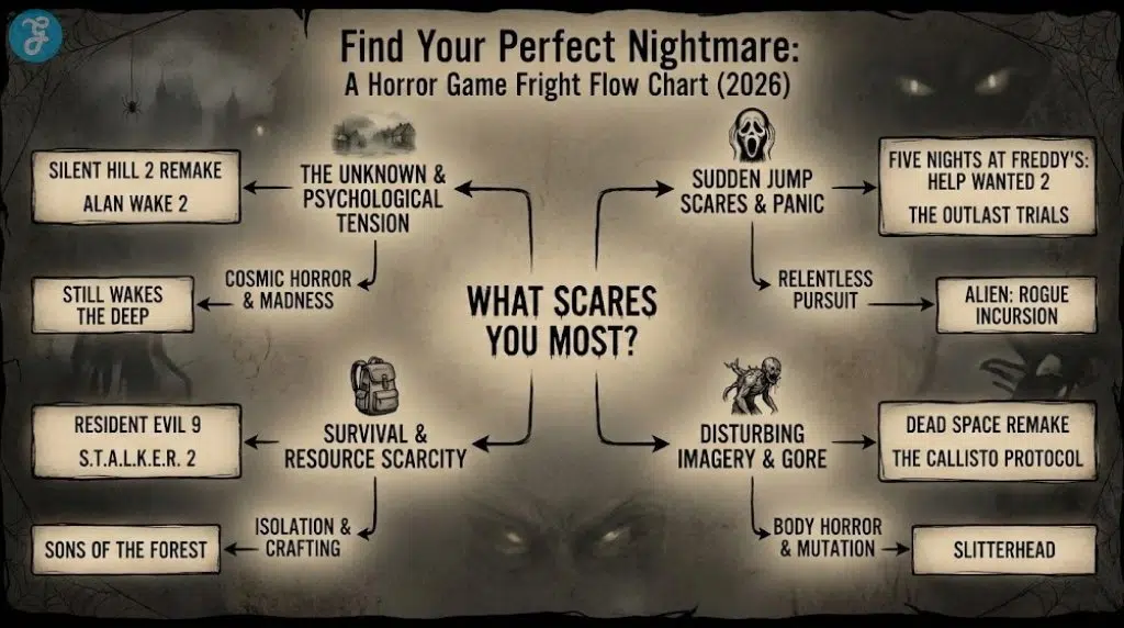 A flow chart titled "Find Your Perfect Nightmare: A Horror Game Fright Flow Chart (2026)". It starts with the central question "WHAT SCARES YOU MOST?" and branches out to four categories: "THE UNKNOWN & PSYCHOLOGICAL TENSION" (leading to Silent Hill 2 Remake, Alan Wake 2, Still Wakes The Deep), "SUDDEN JUMP SCARES & PANIC" (leading to Five Nights at Freddy's: Help Wanted 2, The Outlast Trials, Alien: Rogue Incursion), "SURVIVAL & RESOURCE SCARCITY" (leading to Resident Evil 9, S.T.A.L.K.E.R. 2, Sons of the Forest), and "DISTURBING IMAGERY & GORE" (leading to Dead Space Remake, The Callisto Protocol, Slitterhead). Each branch has a relevant icon.