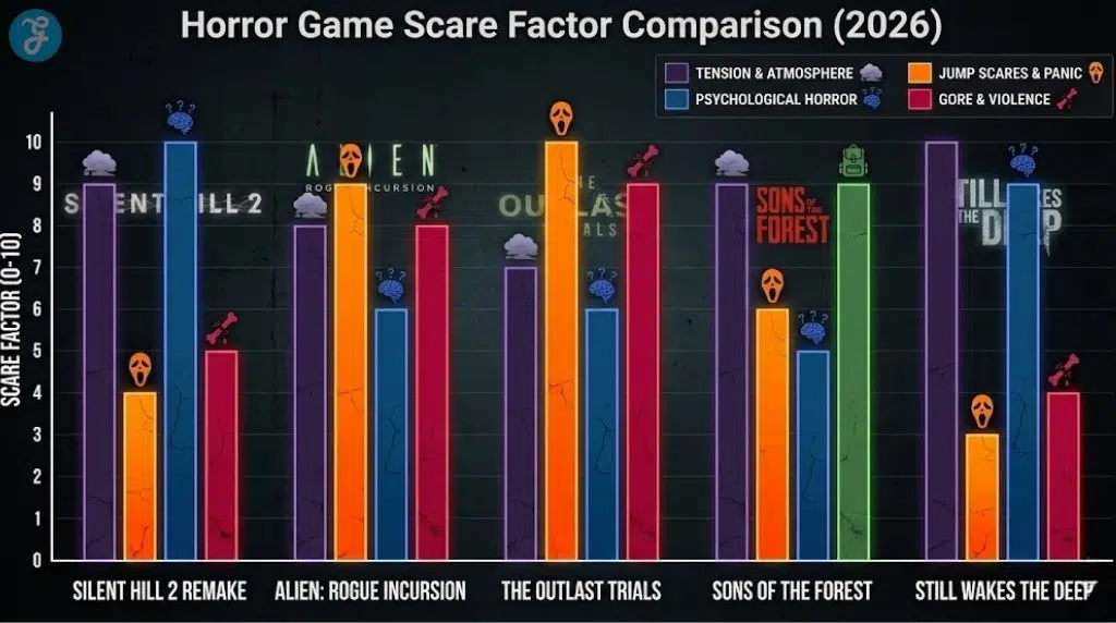 A bar chart titled "Horror Game Scare Factor Comparison (2026)". It compares five games: Silent Hill 2 Remake, Alien: Rogue Incursion, The Outlast Trials, Sons of the Forest, and Still Wakes the Deep. Each game is rated from 0 to 10 on four metrics, represented by colored bars: "Tension & Atmosphere" (Purple), "Jump Scares & Panic" (Orange), "Psychological Horror" (Blue), and "Gore & Violence" (Red). A legend in the top right corner explains the color code. The bars for Silent Hill 2 Remake show high Tension (9) and Psychological Horror (10). Alien: Rogue Incursion shows high Jump Scares (9) and Gore (8). The Outlast Trials shows very high Jump Scares (10) and Gore (9). Sons of the Forest shows high Tension (8) and Survival/Crafting (9, replacing Gore). Still Wakes the Deep shows very high Tension (10) and Psychological Horror (9). The background is a dark, distressed wall with subtle horror elements.