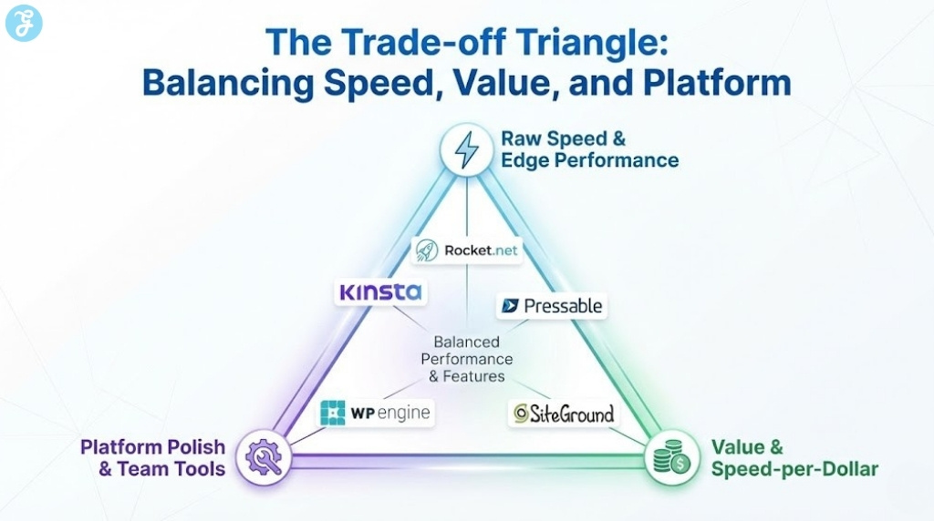 A triangular chart titled "The Trade-off Triangle". The three vertices are "Raw Speed", "Platform Polish", and "Value". Rocket.net is placed at the Speed peak, WP Engine at Polish, SiteGround at Value, and Kinsta/Pressable in the zones between Speed and Polish.