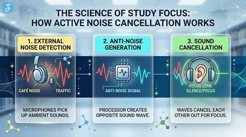 A stunning, professional 16:9 landscape infographic titled 'THE SCIENCE OF STUDY FOCUS: HOW ACTIVE NOISE CANCELLATION WORKS'. It illustrates a three-step visual flow: 1. NOISE DETECTION (external microphone on headphone captures chaotic red waves labeled 'CAFÉ NOISE'). 2. ANTI-NOISE GENERATION (processor creates opposite cyan 'ANTI-NOISE SIGNAL' wave). 3. SOUND CANCELLATION (waves combine for smooth green line labeled 'SILENCE/FOCUS ZONE'). Modern digital style with glowing accents and subtle library background. Organized by bold headers.