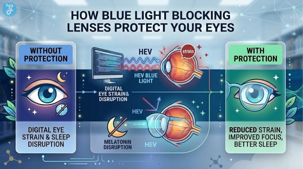 A 16:9 professional landscape infographic titled 'HOW BLUE LIGHT BLOCKING LENSES PROTECT YOUR EYES'. The image uses modern icons and bold headers to provide a clear comparison flow between an eye 'WITHOUT PROTECTION' (jagged HEV waves cause digital eye strain and sleep disruption) and an eye 'WITH PROTECTION' (soft light enters, resulting in reduced strain and better sleep). High fidelity text organized by headers.