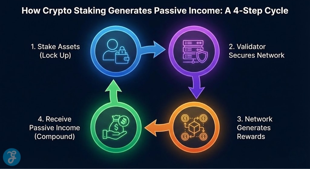 A 16:9 flowchart infographic titled "How Crypto Staking Generates Passive Income: A 4-Step Cycle". It shows a circular process: 1. Stake Assets (Lock Up), 2. Validator Secures Network, 3. Network Generates Rewards, and 4. Receive Passive Income (Compound), connected by arrows.