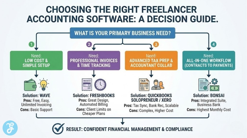 A decision guide infographic helping freelancers select the right accounting software based on their primary need: recommending Wave for low cost, FreshBooks for invoicing, QuickBooks/Xero for tax prep, and Bonsai for an all-in-one workflow.
