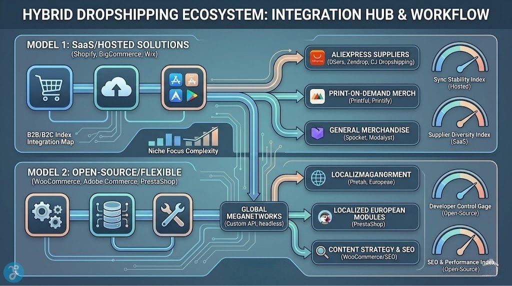 Infographic structured as a clean, structured playbook titled 'HYBRID DROPSHIPPING ECOSYSTEM: INTEGRATION HUB & WORKFLOW'. Presents two distinct horizontal bundles: MODEL 1: SaaS/HOSTED SOLUTIONS (Shopify, BigCommerce, Wix, DSers, Zendrop, CJ, Printful, Printify, Spocket, Modalyst) and MODEL 2: OPEN-SOURCE/FLEXIBLE (WooCommerce, Adobe Commerce, PrestaShop, Custom API, Localized European Modules, Content Writing Strategy). Distinct, clean digital conduits (streams, not a web of lines) link functional hubs to satellite dropshipping niches with specific gages for Sync Stability, Supplier Diversity, Developer Control, and SEO & Performance, completely avoiding futuristic tech themes or generic stock photos. A lower callout mentions 'BATCH 27 BEST COMPONENTS'. Layout unique and non-repetitive to matrix image_85.png and image_84.png.