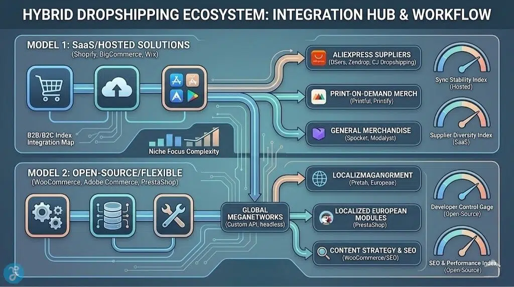 Infographic structured as a clean, structured playbook titled 'HYBRID DROPSHIPPING ECOSYSTEM: INTEGRATION HUB & WORKFLOW'. Presents two distinct horizontal bundles: MODEL 1: SaaS/HOSTED SOLUTIONS (Shopify, BigCommerce, Wix, DSers, Zendrop, CJ, Printful, Printify, Spocket, Modalyst) and MODEL 2: OPEN-SOURCE/FLEXIBLE (WooCommerce, Adobe Commerce, PrestaShop, Custom API, Localized European Modules, Content Writing Strategy). Distinct, clean digital conduits (streams, not a web of lines) link functional hubs to satellite dropshipping niches with specific gages for Sync Stability, Supplier Diversity, Developer Control, and SEO & Performance, completely avoiding futuristic tech themes or generic stock photos. A lower callout mentions 'BATCH 27 BEST COMPONENTS'. Layout unique and non-repetitive to matrix image_85.png and image_84.png.