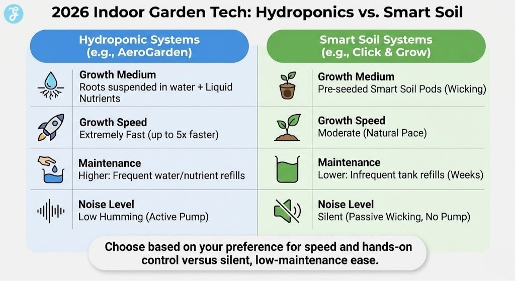An infographic comparing 'Hydroponic Systems' and 'Smart Soil Systems' for indoor gardening, contrasting their growth medium, speed, maintenance needs, and noise levels with icons and descriptive text.