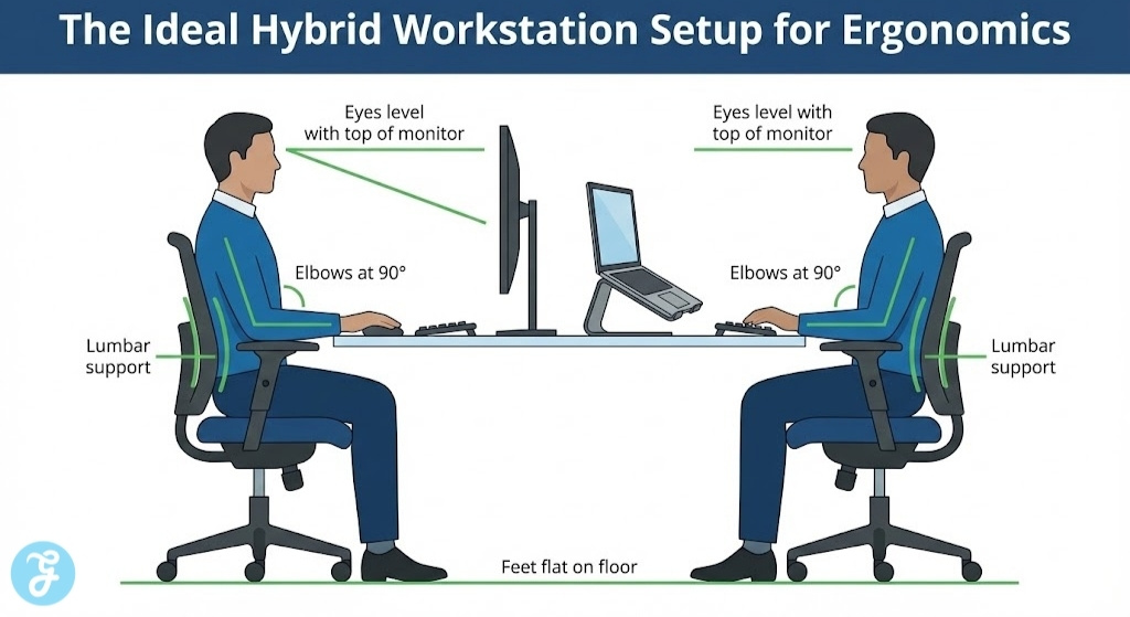 A 16:9 infographic illustrating the ideal ergonomic workstation setup for hybrid workers, showing correct posture angles for eyes, elbows, lumbar support, and feet for both desktop and laptop stand configurations.