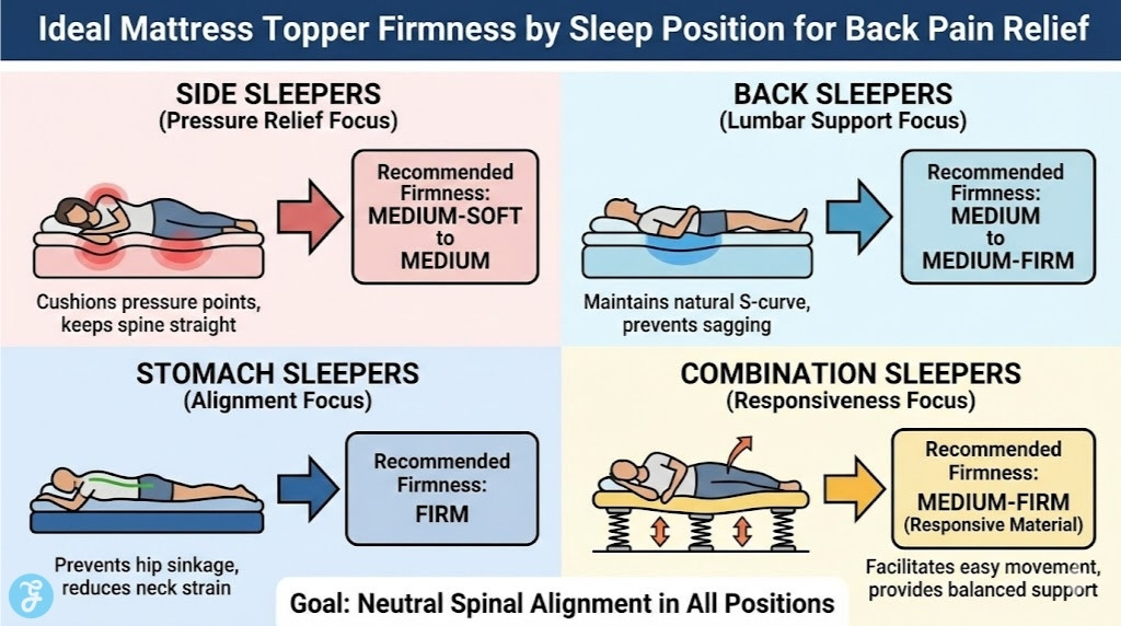 Infographic illustrating the recommended mattress topper firmness levels for side, back, stomach, and combination sleepers to achieve neutral spinal alignment and relieve back pain.