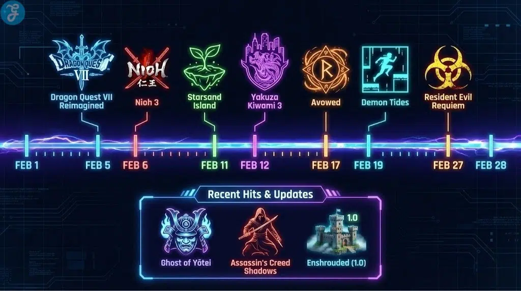 Futuristic neon timeline infographic showing February 2026 open-world game releases. A glowing energy bar marks specific dates with game logos: Feb 5 (Dragon Quest VII Reimagined), Feb 6 (Nioh 3), Feb 11 (Starsand Island), Feb 12 (Yakuza Kiwami 3), Feb 17 (Avowed), Feb 19 (Demon Tides), and Feb 27 (Resident Evil Requiem). A section below lists 'Recent Hits & Updates' including Ghost of Yōtei, Assassin's Creed Shadows, and Enshrouded (1.0).