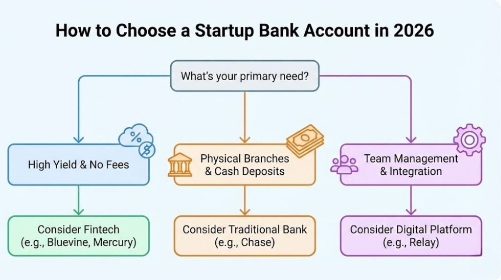 A decision flowchart infographic titled "How to Choose a Startup Bank Account in 2026." It starts with the question "What's your primary need?" and branches into three paths. The first path, for "High Yield & No Fees," leads to the recommendation "Consider Fintech (e.g., Bluevine, Mercury)." The second path, for "Physical Branches & Cash Deposits," leads to "Consider Traditional Bank (e.g., Chase)." The third path, for "Team Management & Integration," leads to "Consider Digital Platform (e.g., Relay)."