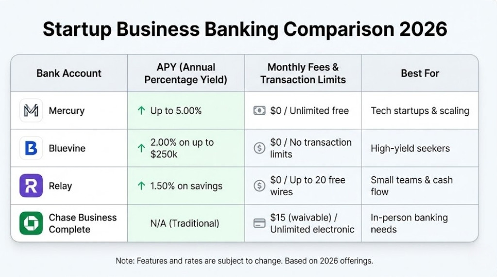 An infographic table titled "Startup Business Banking Comparison 2026," comparing four business bank accounts: Mercury, Bluevine, Relay, and Chase Business Complete. The table details their Annual Percentage Yield (APY), Monthly Fees & Transaction Limits, and what each account is "Best For." Mercury offers up to 5.00% APY with no fees, best for tech startups. Bluevine offers 2.00% APY on up to $250k with no transaction limits, best for high-yield seekers. Relay offers 1.50% on savings with no fees and limited free wires, best for small teams and cash flow. Chase Business Complete has a waivable $15 monthly fee for traditional banking, best for in-person needs.