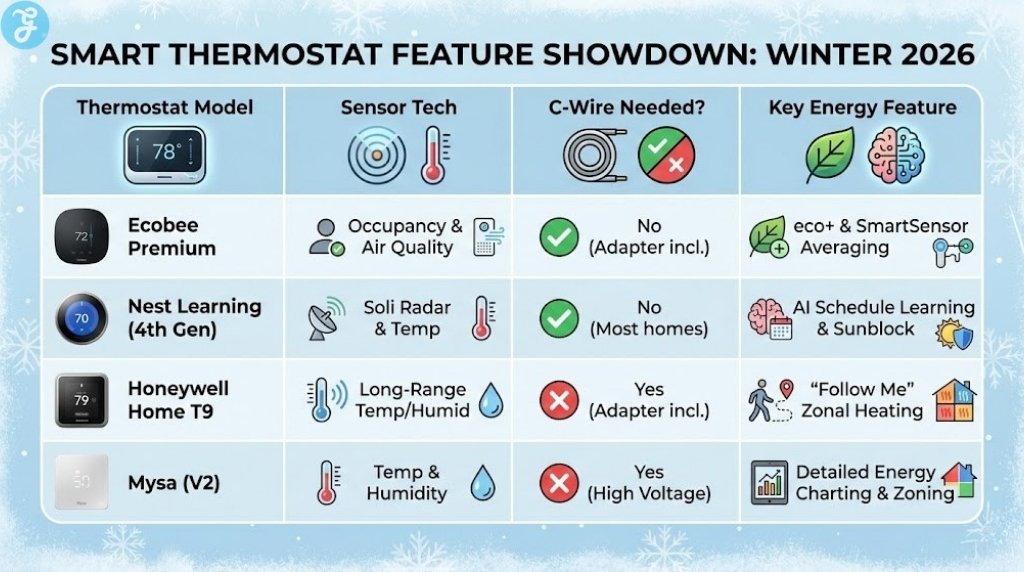 Comparison table infographic titled "Smart Thermostat Feature Showdown: Winter 2026," comparing Ecobee Premium, Nest Learning (4th Gen), Honeywell Home T9, and Mysa (V2) based on Sensor Tech, C-Wire requirement, and Key Energy Features, using icons and checkmarks/crosses.