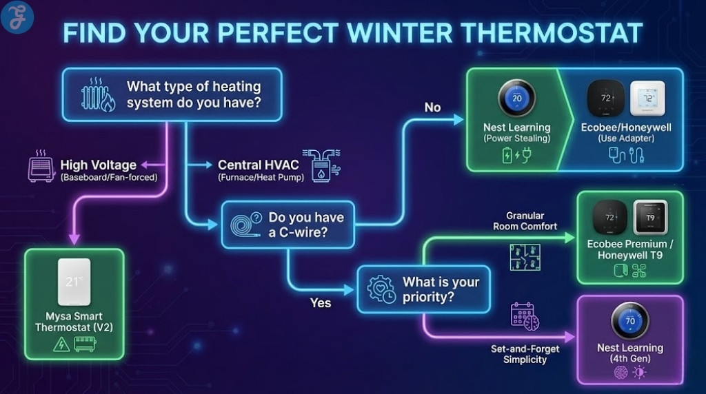 Neon-style decision flowchart infographic helping users choose a winter thermostat based on heating system type (High Voltage vs. Central HVAC), C-wire availability, and user priority (Granular Room Comfort vs. Set-and-Forget Simplicity), leading to specific product recommendations.