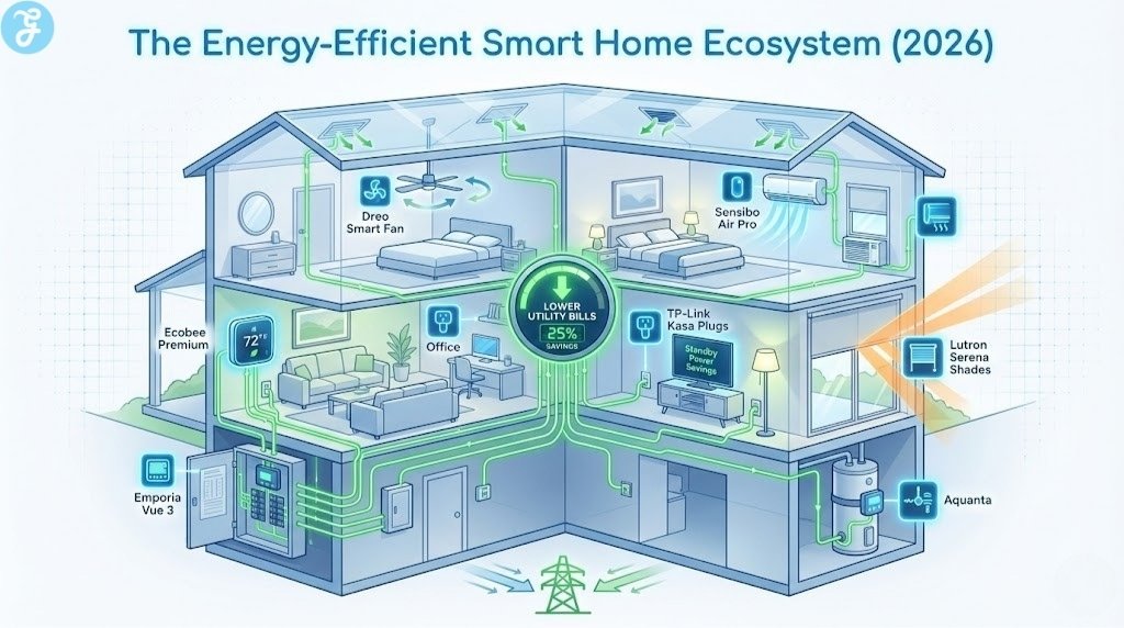 Isometric illustration of a two-story house cross-section showing various smart home devices installed for energy efficiency, including an Ecobee thermostat, Emporia energy monitor, smart fans, smart vents, and smart plugs. All devices are connected by glowing green energy lines leading to a central meter labeled "Lower Utility Bills."
