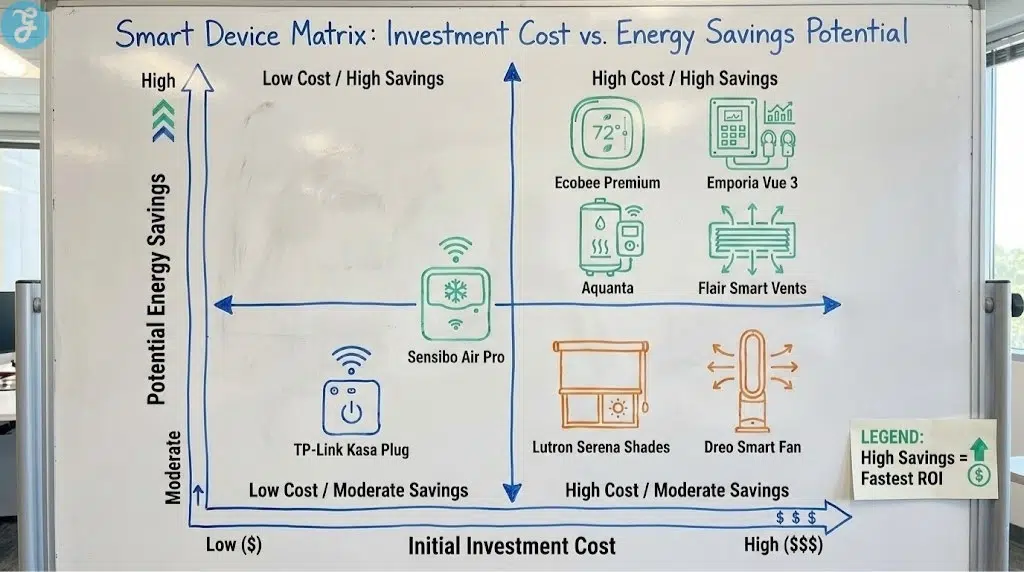 Whiteboard-style matrix chart plotting smart home devices based on "Initial Investment Cost" (x-axis, low to high) versus "Potential Energy Savings" (y-axis, moderate to high). Devices like smart plugs are located in the low cost/moderate savings quadrant, while smart thermostats and whole-home monitors are in the high cost/high savings quadrant.