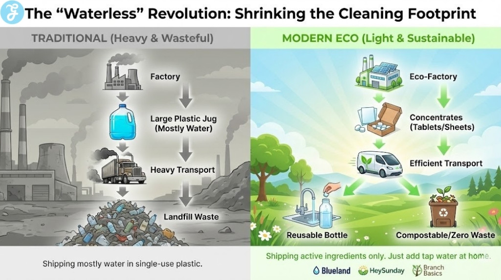 Infographic matrix chart comparing eco-friendly cleaning products (Blueland, HeySunday, Branch Basics, Bon Ami, Dropps) based on Form Factor (tablet, sheet, liquid, powder, pod), Best Use Case, and Primary Eco-Benefit (plastic-free, biodegradable, etc.).