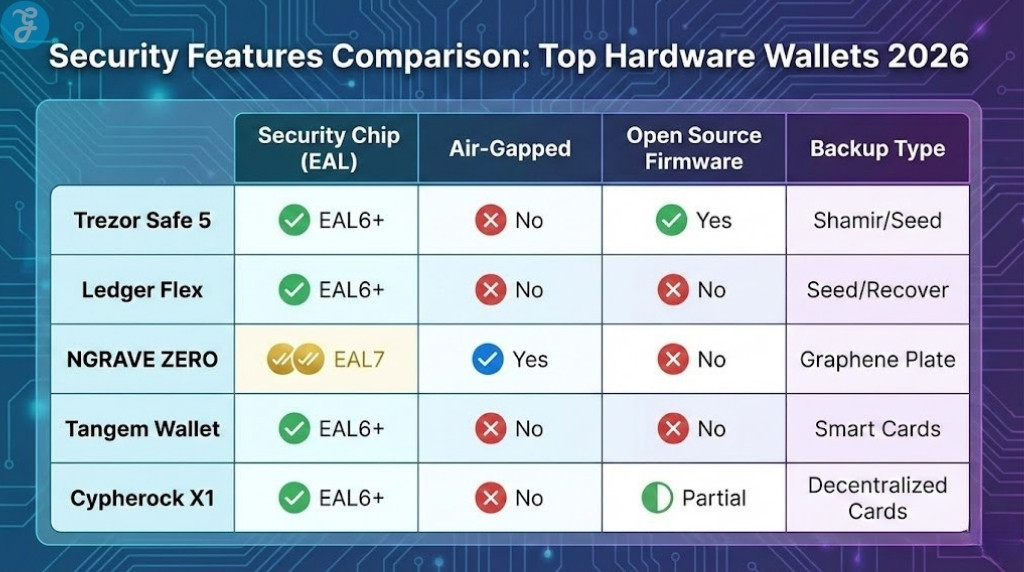 Infographic table comparing security features of top hardware wallets in 2026, showing Trezor Safe 5, Ledger Flex, NGRAVE ZERO, Tangem Wallet, and Cypherock X1 rated on Security Chip (EAL level), Air-Gapped status, Open Source Firmware, and Backup Type.