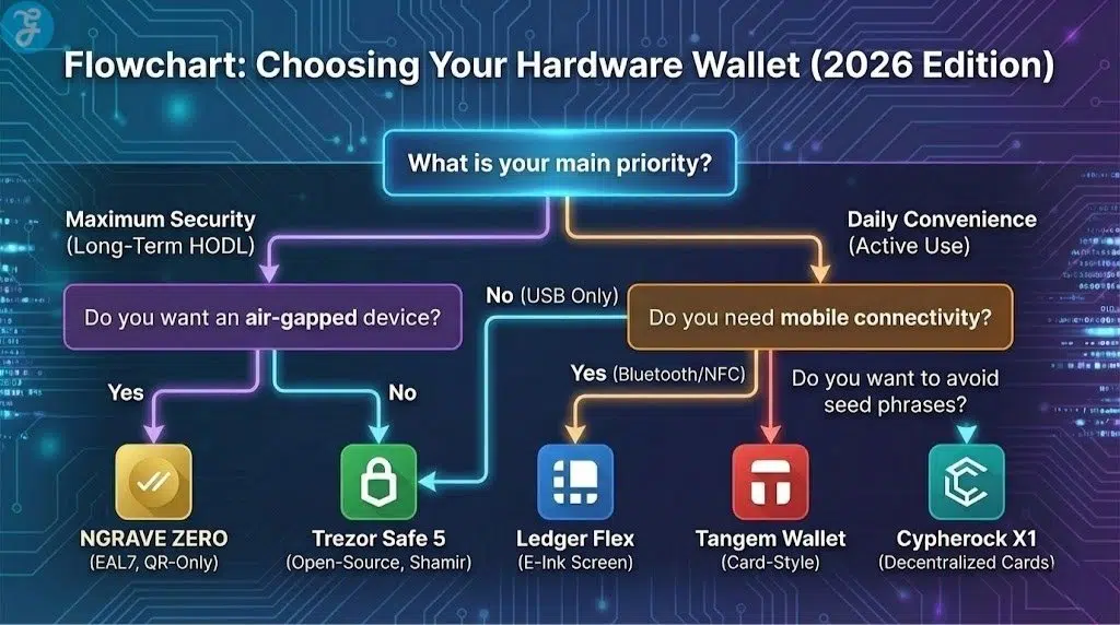 Flowchart infographic guiding users to choose a hardware wallet based on priority: Maximum Security (leading to NGRAVE ZERO or Trezor Safe 5 depending on air-gapped preference) or Daily Convenience (leading to Ledger Flex, Tangem Wallet, or Cypherock X1 depending on mobile connectivity and seed phrase preference).