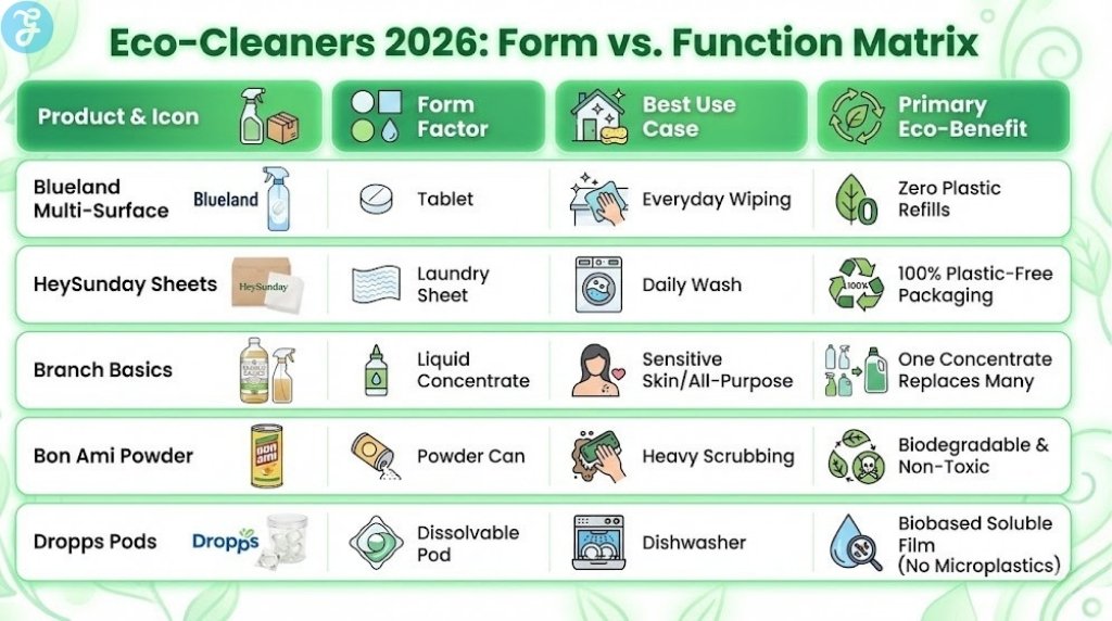 Infographic matrix chart comparing eco-friendly cleaning products (Blueland, HeySunday, Branch Basics, Bon Ami, Dropps) based on Form Factor (tablet, sheet, liquid, powder, pod), Best Use Case, and Primary Eco-Benefit (plastic-free, biodegradable, etc.).