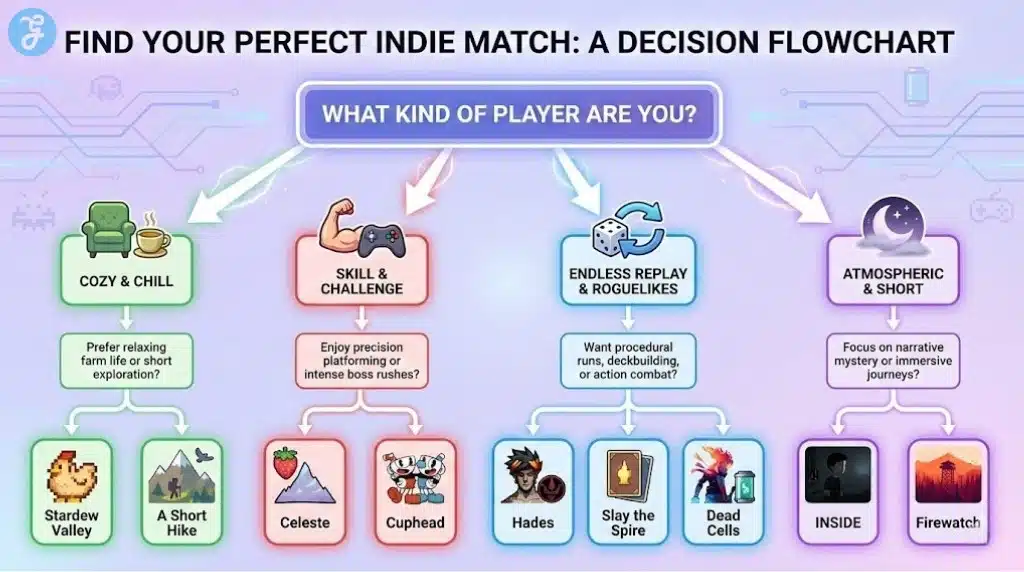 A flowchart infographic to help users find the perfect indie game based on their preferences for cozy gameplay, skill-based challenges, endless replayability, or short atmospheric experiences.