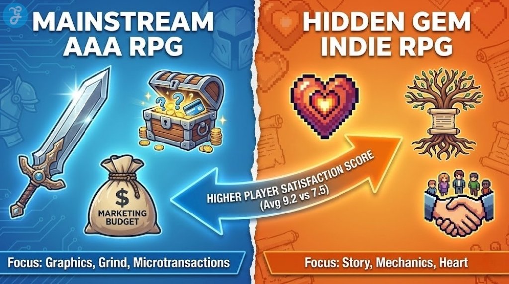 Infographic comparing mainstream AAA RPG features like graphics and grind with indie hidden gem features like story and mechanics.