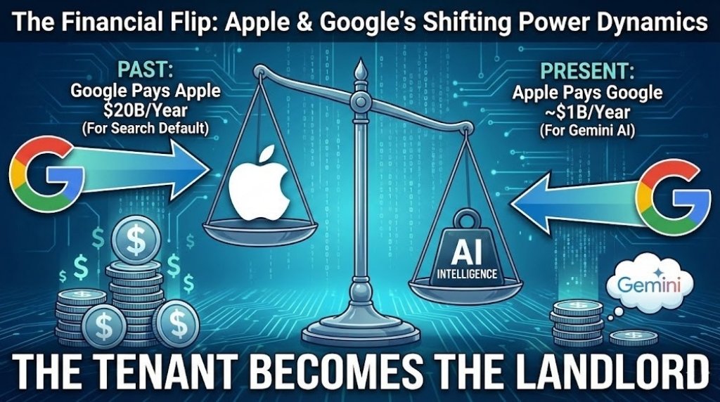 'The Financial Flip: Apple & Google's Shifting Power Dynamics'. It features a large balance scale. On the left pan, representing the 'PAST', a large arrow points from a Google logo to an Apple logo with text 'Google Pays Apple $20B/Year (For Search Default)', and a large stack of money. This pan is lighter and higher. On the right pan, representing the 'PRESENT', a large arrow points from an Apple logo to a Google logo with text 'Apple Pays Google ~$1B/Year (For Gemini AI)', and a smaller stack of money with a weight labeled 'AI INTELLIGENCE'. This pan is heavier and lower. Large text at the bottom reads 'THE TENANT BECOMES THE LANDLORD'.