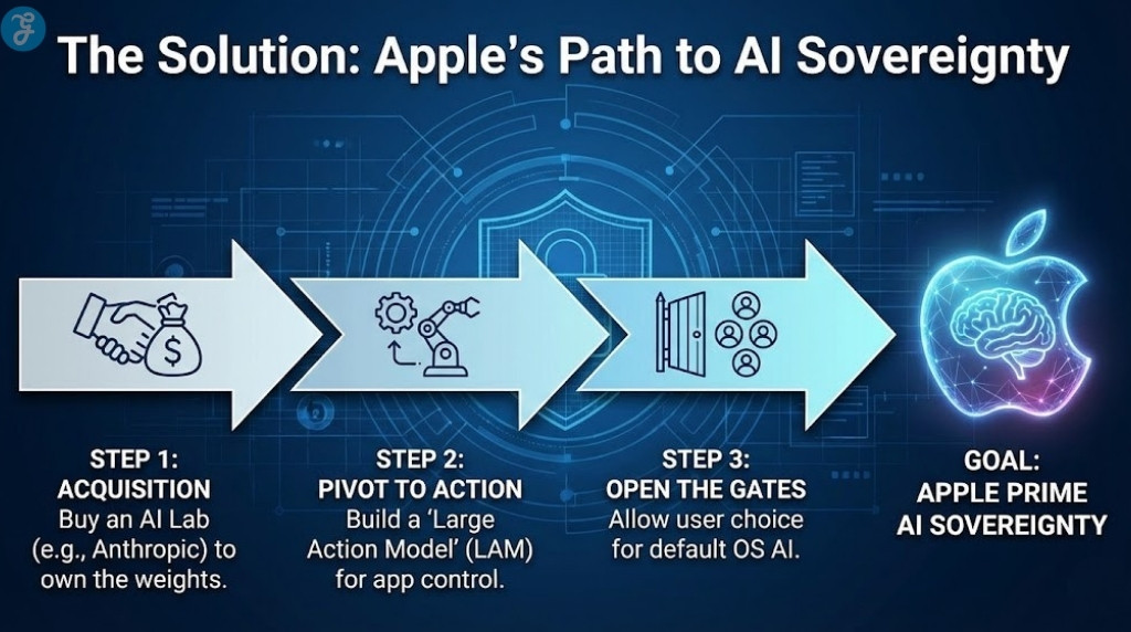 Infographic roadmap titled 'The Solution: Apple's Path to AI Sovereignty'. A flowchart with three steps and large arrows. Step 1 (Handshake & Money icon): 'ACQUISITION. Buy an AI Lab (e.g., Anthropic) to own the weights.' Step 2 (Gear & Robot Arm icon): 'PIVOT TO ACTION. Build a ‘Large Action Model’ (LAM) for app control.' Step 3 (Open Gate & Users icon): 'OPEN THE GATES. Allow user choice for default OS AI.' The final arrow points to a glowing Apple logo with a brain inside, labeled 'GOAL: APPLE PRIME AI SOVEREIGNTY'.