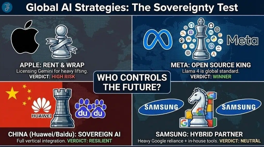 Infographic grid titled 'Global AI Strategies: The Sovereignty Test'. It is divided into four panels with a chess theme. Top-left (Apple): 'APPLE: RENT & WRAP', with a pawn piece and text 'Licensing Gemini for heavy lifting. VERDICT: HIGH RISK'. Top-right (Meta): 'META: OPEN SOURCE KING', with a king piece and open-source icons, text 'Llama 4 is global standard. VERDICT: WINNER'. Bottom-left (China): 'CHINA (Huawei/Baidu): SOVEREIGN AI', with a rook piece and text 'Full vertical integration. VERDICT: RESILIENT'. Bottom-right (Samsung): 'SAMSUNG: HYBRID PARTNER', with a knight piece made of Google blocks, text 'Heavy Google reliance + in-house tools. VERDICT: NEUTRAL'. Central text reads 'WHO CONTROLS THE FUTURE?'.