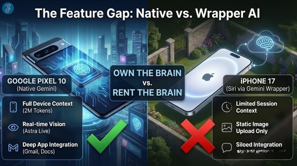 Infographic comparison titled 'The Feature Gap: Native vs. Wrapper AI'. The left panel shows a Google Pixel 10 phone with a glowing brain chip, labeled 'GOOGLE PIXEL 10 (Native Gemini)' with features: 'Full Device Context (2M Tokens)', 'Real-time Vision (Astra Live)', and 'Deep App Integration (Gmail, Docs)'. A large green checkmark is at the bottom. The right panel shows an iPhone 17 with a brain icon in a cloud above it, labeled 'iPHONE 17 (Siri via Gemini Wrapper)' with features: 'Limited Session Context', 'Static Image Upload Only', and 'Siloed Integration (iMessage/Calendar)'. A large red 'X' is at the bottom. Central text reads 'OWN THE BRAIN vs. RENT THE BRAIN'.