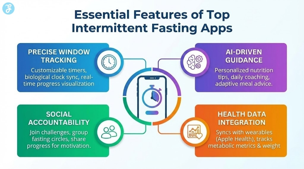 Infographic showing four essential features of top intermittent fasting apps: Precise Window Tracking, AI-Driven Guidance, Social Accountability, and Health Data Integration.