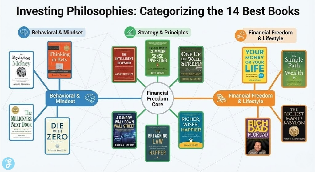 An infographic using a mind-map structure to categorize the 14 best investing books into three pillars: Behavioral & Mindset, Strategy & Principles, and Financial Freedom & Lifestyle.