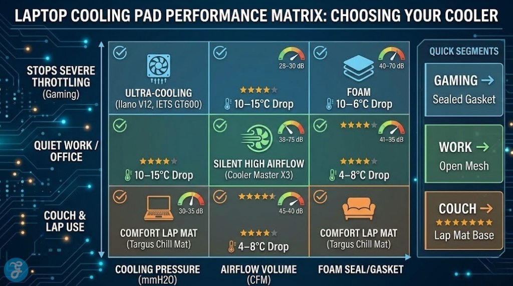 infographic performance matrix for selecting laptop cooling pads of 2026, plotting user needs (stops throttling, quiet office, lap use) against features (cooling pressure, airflow, foam seal), recommending llano, IETS, and Targus.