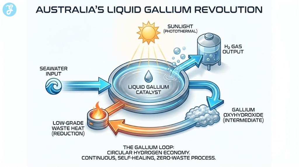 A technical diagram of the Australia’s Liquid Gallium Revolution circular catalytic loop, showing sunlight and seawater producing hydrogen with zero waste.