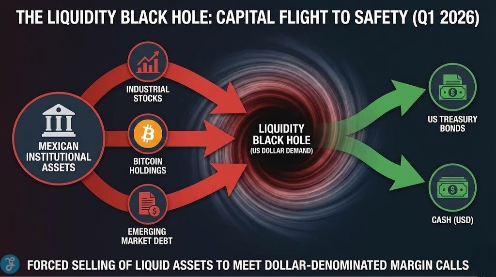 Flow diagram illustrating the "Liquidity Black Hole" where capital from Mexican assets and Bitcoin flees into US Treasury Bonds and cash during the Q1 2026 crisis.
