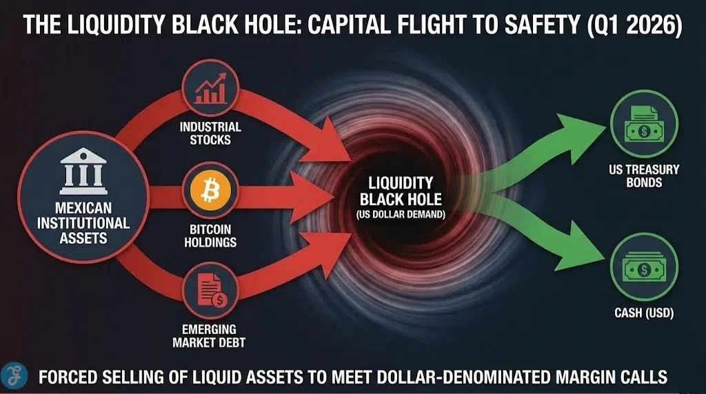 Flow diagram illustrating the "Liquidity Black Hole" where capital from Mexican assets and Bitcoin flees into US Treasury Bonds and cash during the Q1 2026 crisis.