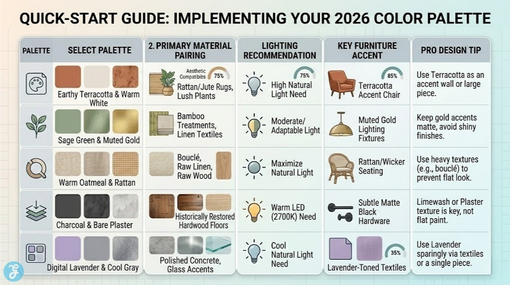 Infographic structured as a clean, table titled 'QUICK-START GUIDE: IMPLEMENTING YOUR 2026 COLOR PALETTE' with soft rounded edges. Columns detail 5 Top Palettes: SELECT PALETTE (Terracotta, Sage Green, Oatmeal, Charcoal, Lavender), PRIMARY MATERIAL PAIRING (Rattan, Walnut, Linen, Plaster, Concrete), LIGHTING RECOMMENDATION (High Natural Light, Moderate, Maximize, Warm LED, Cool Natural), KEY FURNITURE ACCENT (Accent Chair, Lighting Fixtures, Seating, Hardware, Textiles), and PRO DESIGN TIP. Each row uses clean icons, textured swatches, and small compatibility gages, completely avoiding futuristic themes or complex lines.