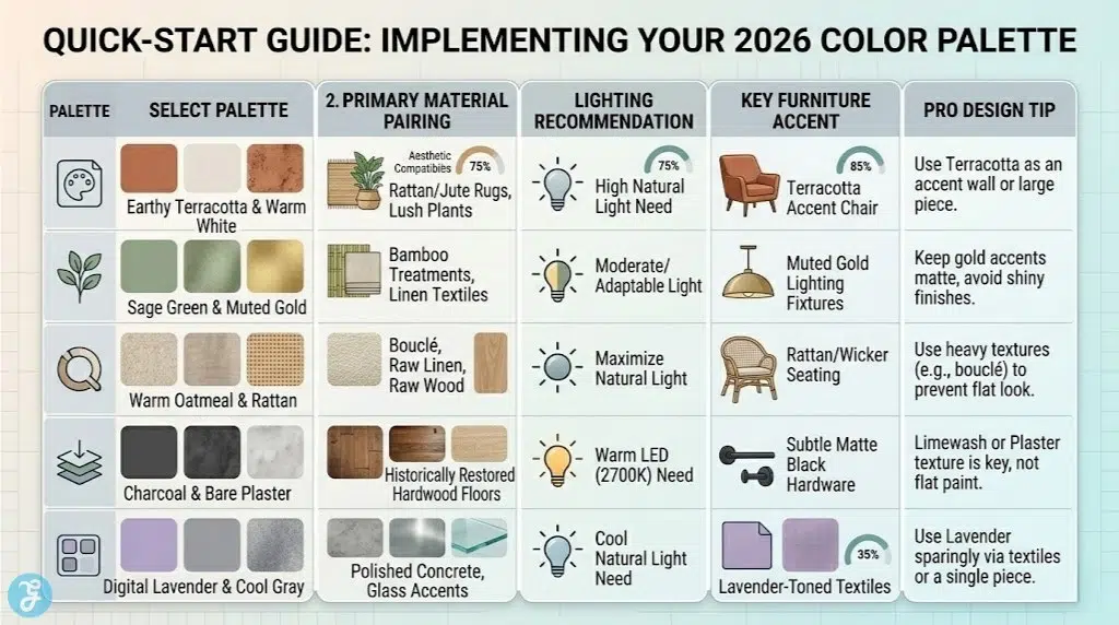 Infographic structured as a clean, table titled 'QUICK-START GUIDE: IMPLEMENTING YOUR 2026 COLOR PALETTE' with soft rounded edges. Columns detail 5 Top Palettes: SELECT PALETTE (Terracotta, Sage Green, Oatmeal, Charcoal, Lavender), PRIMARY MATERIAL PAIRING (Rattan, Walnut, Linen, Plaster, Concrete), LIGHTING RECOMMENDATION (High Natural Light, Moderate, Maximize, Warm LED, Cool Natural), KEY FURNITURE ACCENT (Accent Chair, Lighting Fixtures, Seating, Hardware, Textiles), and PRO DESIGN TIP. Each row uses clean icons, textured swatches, and small compatibility gages, completely avoiding futuristic themes or complex lines.