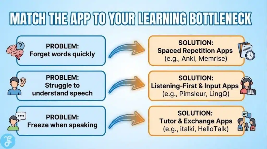 Flowchart infographic designed to help language learners choose the right type of app based on their specific challenges, linking problems like forgetting words, poor listening comprehension, and speaking anxiety to corresponding app solutions.