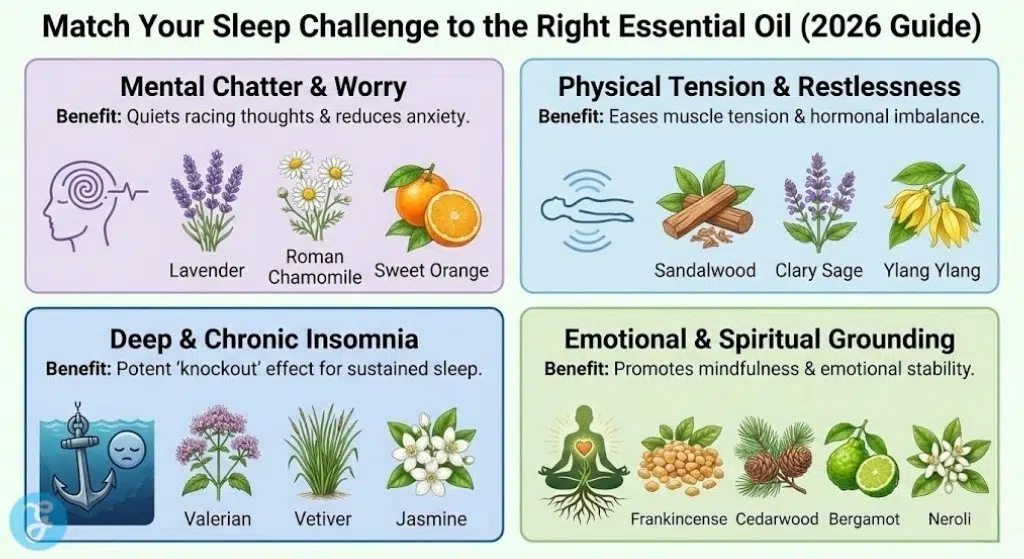A guide titled 'Match Your Sleep Challenge to the Right Essential Oil', categorizing oils like Lavender for mental chatter, Sandalwood for physical tension, Valerian for chronic insomnia, and Frankincense for emotional grounding, with illustrations and benefits for each category.