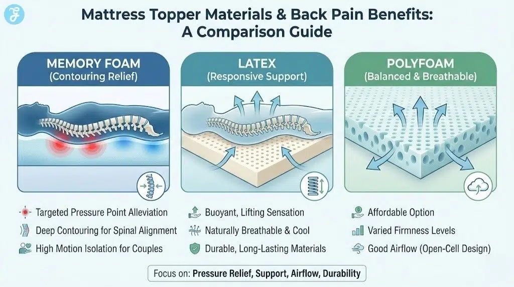 Infographic comparing memory foam, latex, and polyfoam mattress toppers, showing their specific pressure relief, support, and breathability benefits for back pain sufferers.